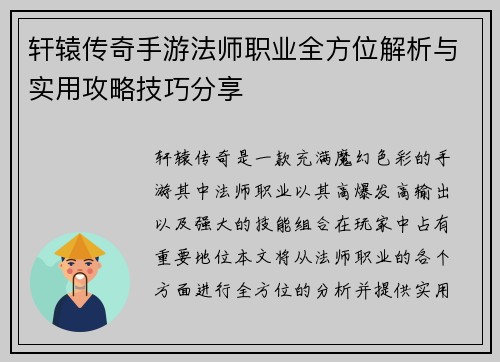 轩辕传奇手游法师职业全方位解析与实用攻略技巧分享