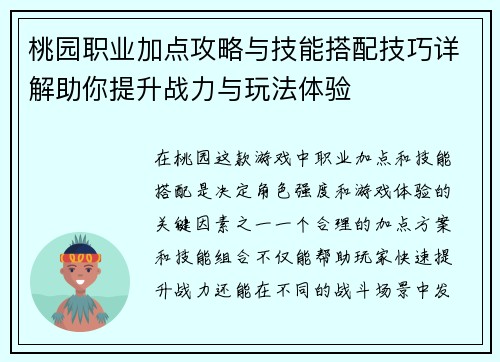桃园职业加点攻略与技能搭配技巧详解助你提升战力与玩法体验